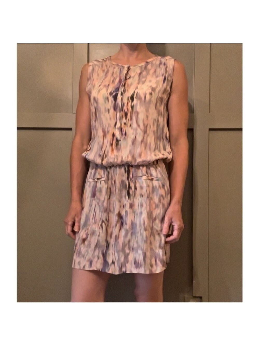 ALC Silk Watercolor Printed Dress Elastic Waist Pockets Button Front Size XS